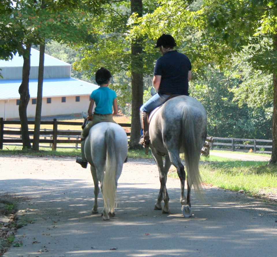 Staff and camper riding two horses down to the residential Equestrian Center at Camp Friendship