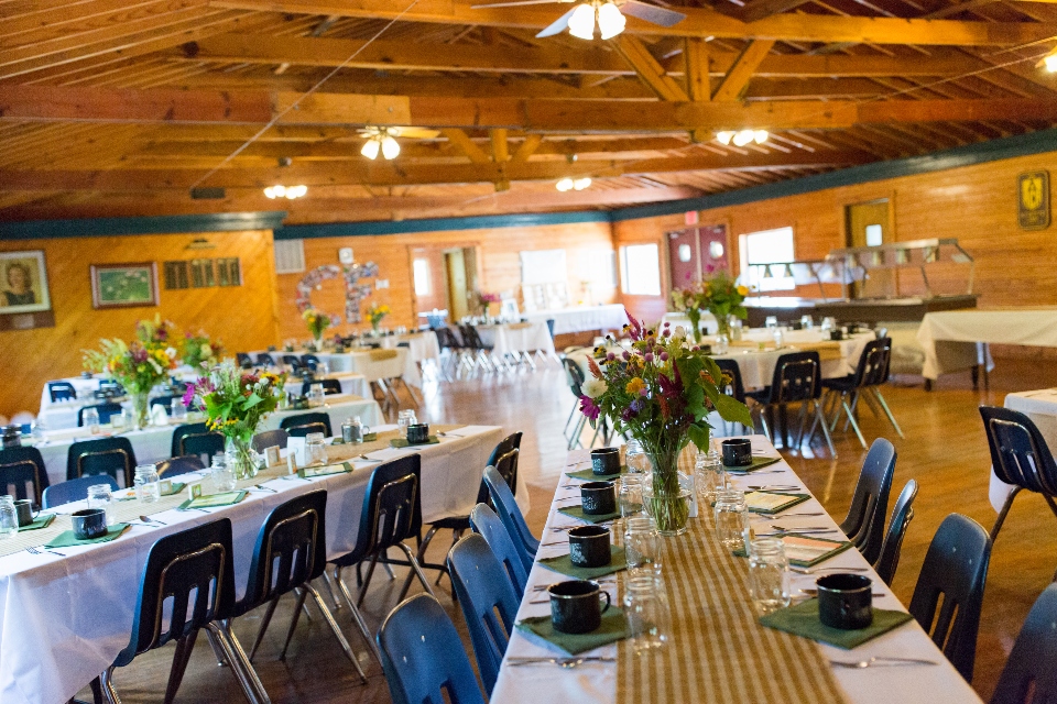 An alternate layout of our dining hall tables, set up for a summer camp wedding. 