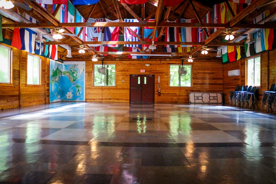 Our flag room in the dining hall sports over 80 different flags from all over the world. Each represents a country that has sent at least one staff member or camper to Camp Friendship in Virginia. 